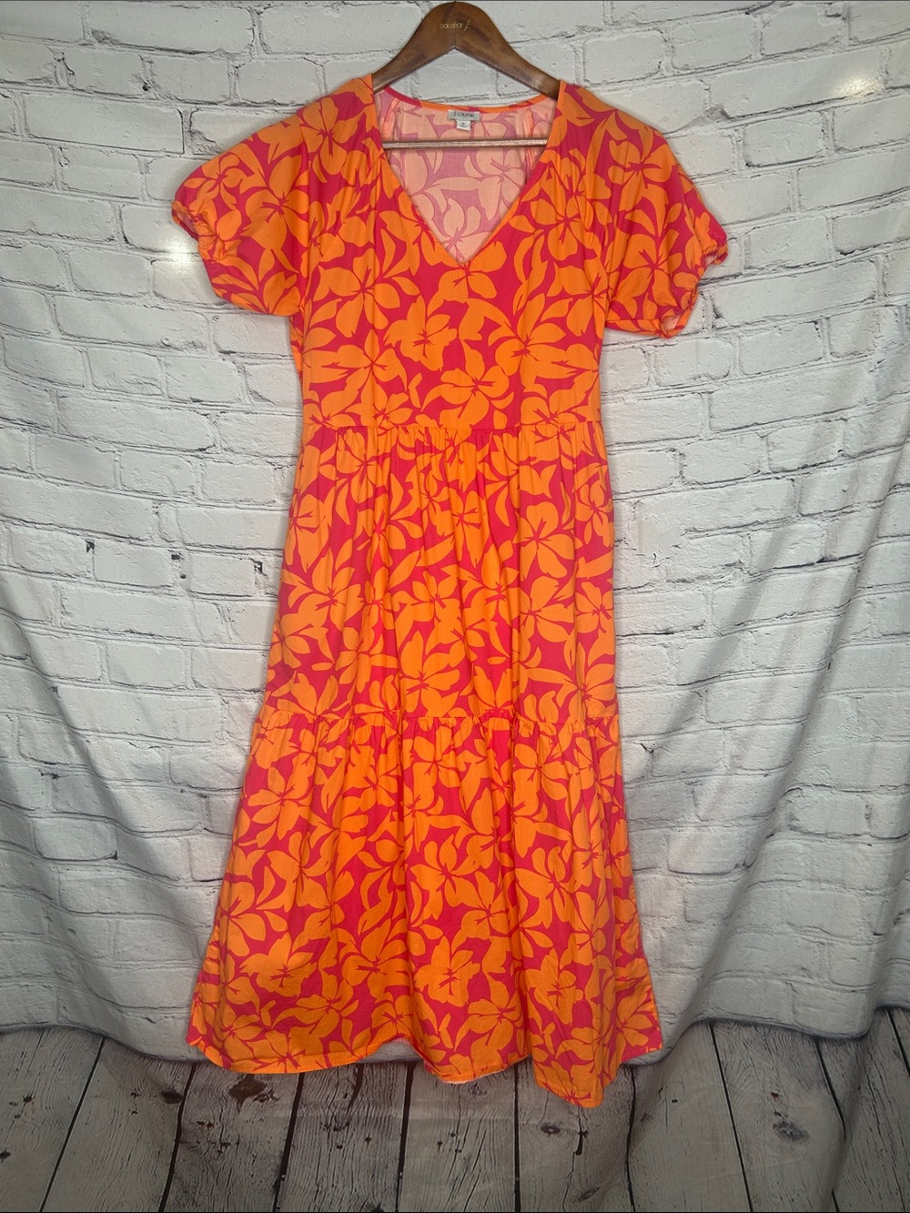 J. Crew Bright Orange & Pink Floral V‑Neck Midi Dress Size 8 Excellent Condition